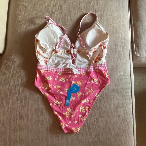 Cupshe Pink One Piece Bathing Suit - Flowers and Gingham Pattern - Size XL - NWT - Picture 8 of 12